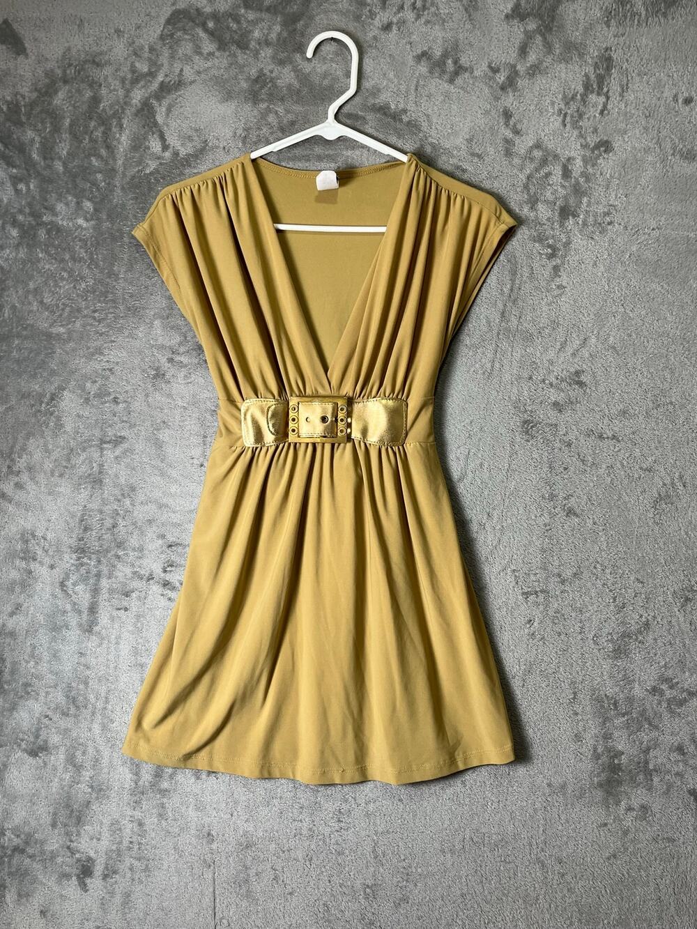 Vintage Y2K Mustard Gold Plunge V Neck Belted Ruched Empire Waist Tunic Small